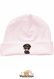 Umschlagmütze Rox-01 in Pastellrosa mit Motiv Pilot mit Sonnenbrille