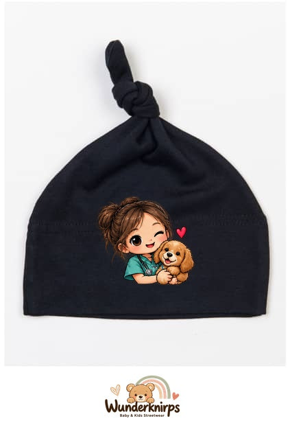 Knotenmütze Babybugz BZ15 in Schwarz mit Motiv Tierärztin mit Hund