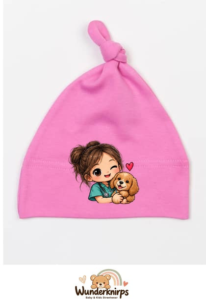 Knotenmütze Babybugz BZ15 in Bubblegum-Pink mit Motiv Tierärztin mit Hund