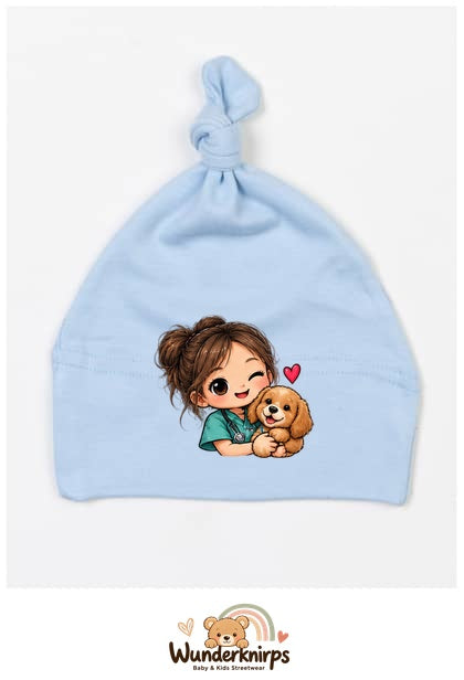 Knotenmütze Babybugz BZ15 in Staubblau mit Motiv Tierärztin mit Hund