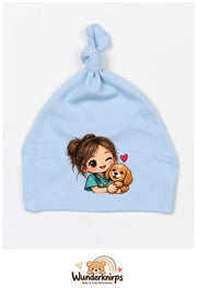 Knotenmütze Babybugz BZ15 in Staubblau mit Motiv Tierärztin mit Hund