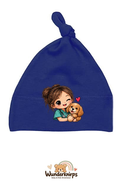 Knotenmütze Babybugz BZ15 in Marineblau mit Motiv Tierärztin mit Hund