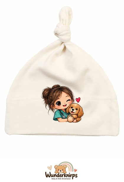 Knotenmütze Babybugz BZ15 in Natur mit Motiv Tierärztin mit Hund
