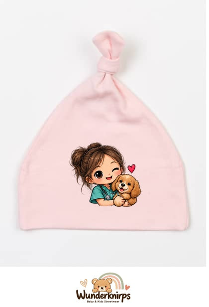 Knotenmütze Babybugz BZ15 in Pastellrosa mit Motiv Tierärztin mit Hund