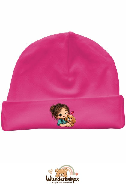 Umschlagmütze Rox-01 in Pink mit Motiv Tierärztin mit Hund