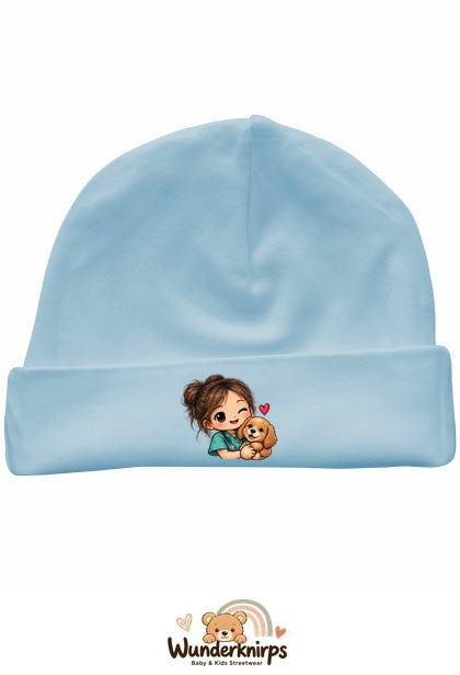 Umschlagmütze Rox-01 in Pastellblau mit Motiv Tierärztin mit Hund