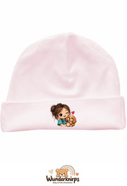 Umschlagmütze Rox-01 in Pastellrosa mit Motiv Tierärztin mit Hund