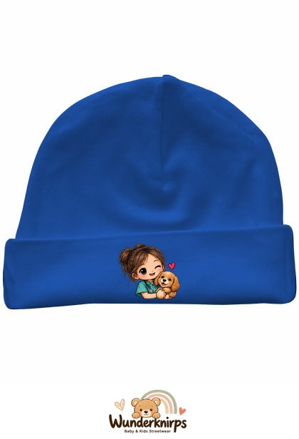 Umschlagmütze Rox-01 in Royalblau mit Motiv Tierärztin mit Hund