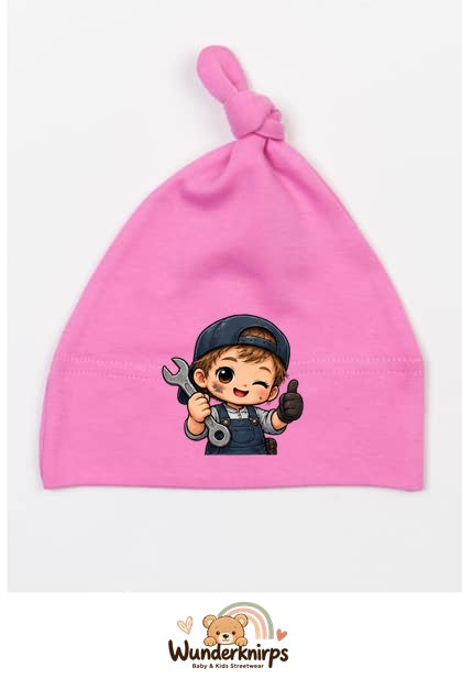 Knotenmütze Babybugz BZ15 in Bubblegum-Pink mit Motiv Mechaniker mit Werkzeug