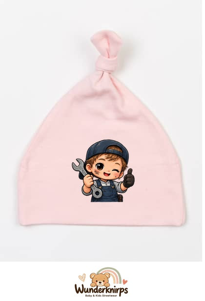 Knotenmütze Babybugz BZ15 in Pastellrosa mit Motiv Mechaniker mit Werkzeug
