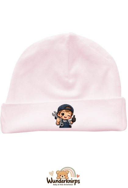 Umschlagmütze Rox-01 in Pastellrosa mit Motiv Mechaniker mit Werkzeug
