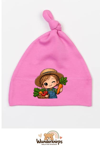 Knotenmütze Babybugz BZ15 in Bubblegum-Pink mit Motiv Landwirt mit Gemüse