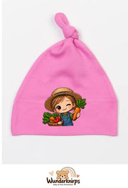 Knotenmütze Babybugz BZ15 in Bubblegum-Pink mit Motiv Landwirt mit Gemüse