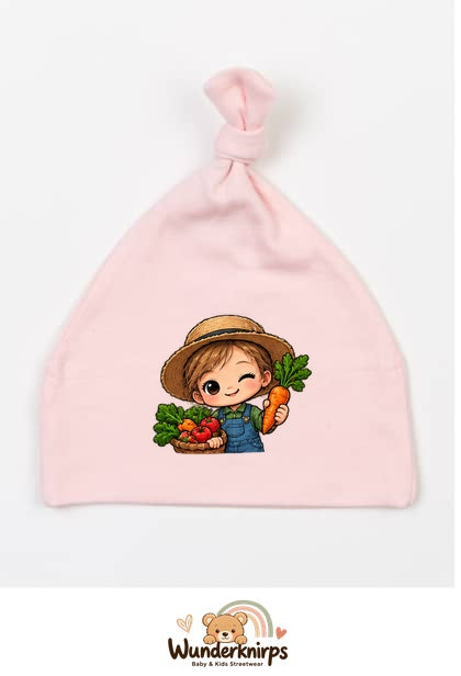 Knotenmütze Babybugz BZ15 in Pastellrosa mit Motiv Landwirt mit Gemüse