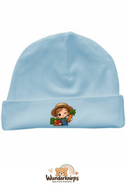 Umschlagmütze Rox-01 in Pastellblau mit Motiv Landwirt mit Gemüse