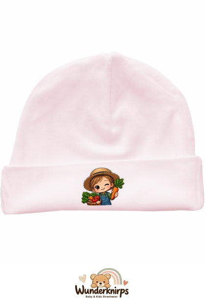 Umschlagmütze Rox-01 in Pastellrosa mit Motiv Landwirt mit Gemüse