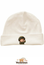 Umschlagmütze Rox-01 in Natur mit Motiv Soldat mit Helm