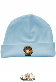 Umschlagmütze Rox-01 in Pastellblau mit Motiv Soldat mit Helm