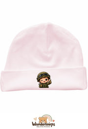 Umschlagmütze Rox-01 in Pastellrosa mit Motiv Soldat mit Helm