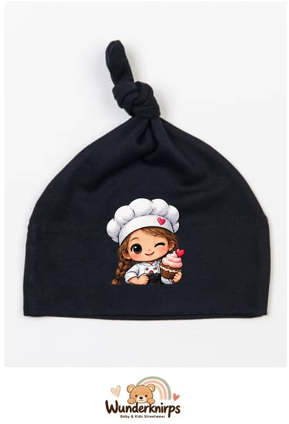 Knotenmütze Babybugz BZ15 in Schwarz mit Motiv Bäckerin mit Cupcake