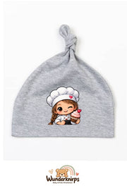 Knotenmütze Babybugz BZ15 in Grau meliert mit Motiv Bäckerin mit Cupcake