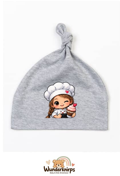 Knotenmütze Babybugz BZ15 in Grau meliert mit Motiv Bäckerin mit Cupcake
