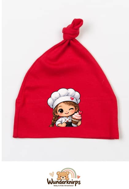 Knotenmütze Babybugz BZ15 in Rot mit Motiv Bäckerin mit Cupcake