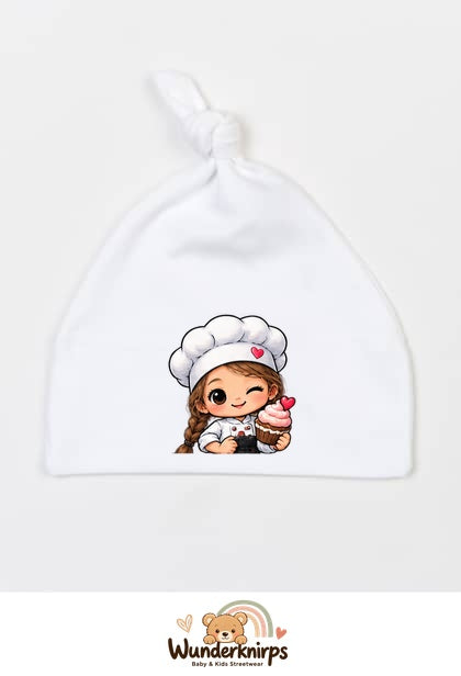 Knotenmütze Babybugz BZ15 in Weiß mit Motiv Bäckerin mit Cupcake