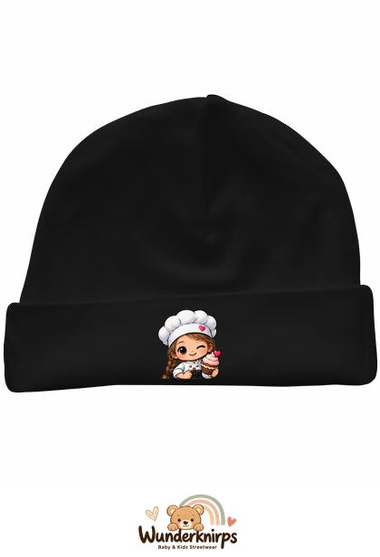 Umschlagmütze Rox-01 in Schwarz mit Motiv Bäckerin mit Cupcake