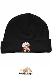 Umschlagmütze Rox-01 in Schwarz mit Motiv Bäckerin mit Cupcake