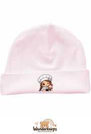 Umschlagmütze Rox-01 in Pastellrosa mit Motiv Bäckerin mit Cupcake