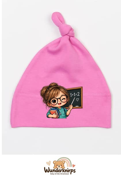 Knotenmütze Babybugz BZ15 in Bubblegum-Pink mit Motiv Lehrerin mit Tafel