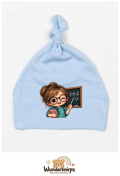Knotenmütze Babybugz BZ15 in Staubblau mit Motiv Lehrerin mit Tafel