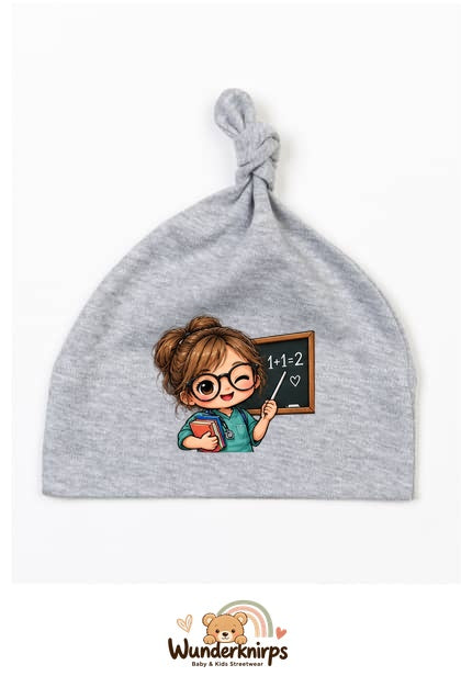 Knotenmütze Babybugz BZ15 in Grau meliert mit Motiv Lehrerin mit Tafel