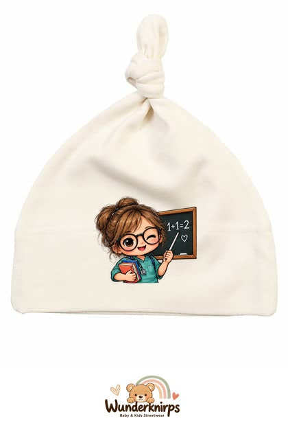 Knotenmütze Babybugz BZ15 in Natur mit Motiv Lehrerin mit Tafel