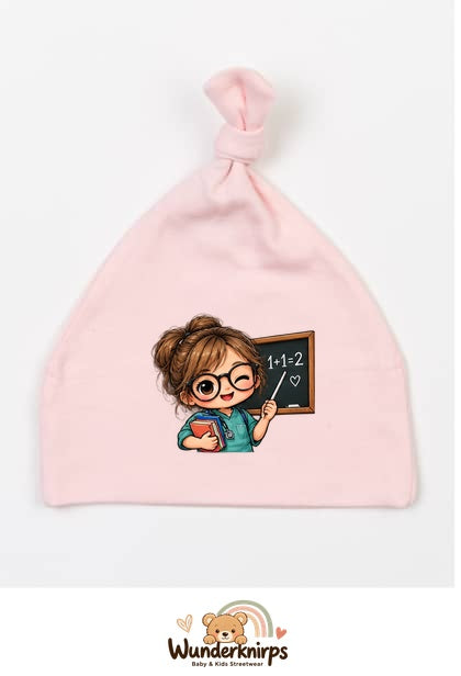 Knotenmütze Babybugz BZ15 in Pastellrosa mit Motiv Lehrerin mit Tafel