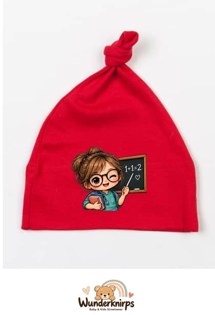 Knotenmütze Babybugz BZ15 in Rot mit Motiv Lehrerin mit Tafel