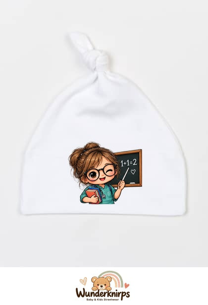 Knotenmütze Babybugz BZ15 in Weiß mit Motiv Lehrerin mit Tafel