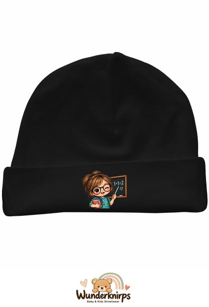 Umschlagmütze Rox-01 in Schwarz mit Motiv Lehrerin mit Tafel