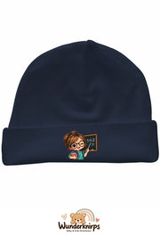 Umschlagmütze Rox-01 in Marineblau mit Motiv Lehrerin mit Tafel