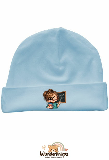 Umschlagmütze Rox-01 in Pastellblau mit Motiv Lehrerin mit Tafel