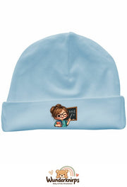 Umschlagmütze Rox-01 in Pastellblau mit Motiv Lehrerin mit Tafel