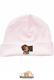 Umschlagmütze Rox-01 in Pastellrosa mit Motiv Lehrerin mit Tafel