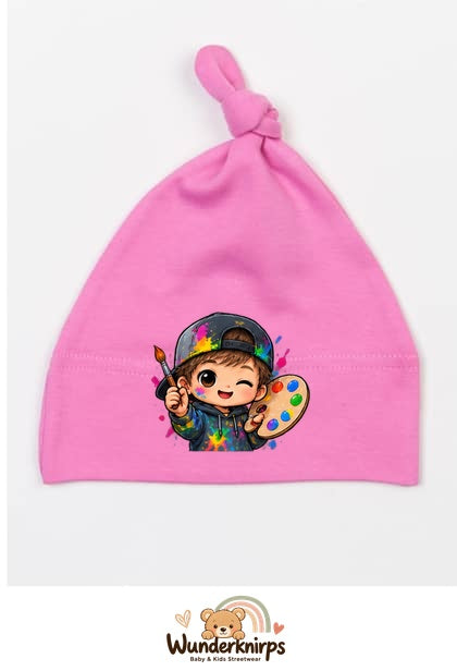 Knotenmütze Babybugz BZ15 in Bubblegum-Pink mit Motiv Künstler mit Palette
