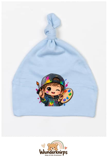 Knotenmütze Babybugz BZ15 in Staubblau mit Motiv Künstler mit Palette