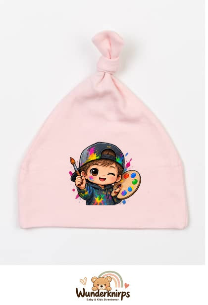 Knotenmütze Babybugz BZ15 in Pastellrosa mit Motiv Künstler mit Palette