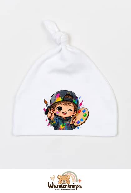 Knotenmütze Babybugz BZ15 in Weiß mit Motiv Künstler mit Palette