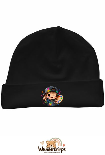 Umschlagmütze Rox-01 in Schwarz mit Motiv Künstler mit Palette