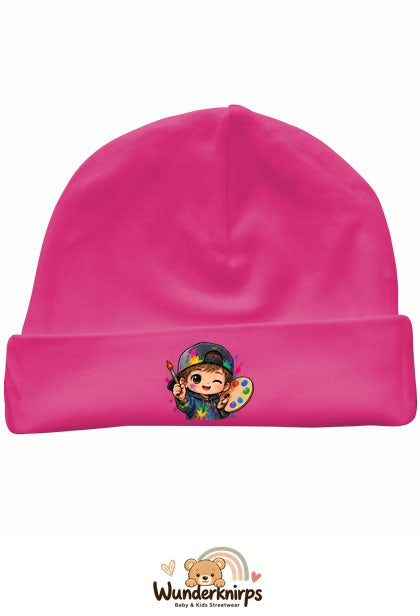 Umschlagmütze Rox-01 in Pink mit Motiv Künstler mit Palette