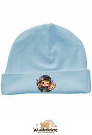 Umschlagmütze Rox-01 in Pastellblau mit Motiv Künstler mit Palette